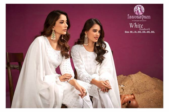 Isavasyam By White Handwork Cambric Cotton Readymade Suits Catalog